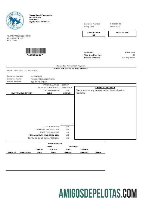 Para baixar modelo de conta de serviços públicos de negócios da cidade de Lakehore, EUA, Nevada, Orono, em formatos Word e PDF